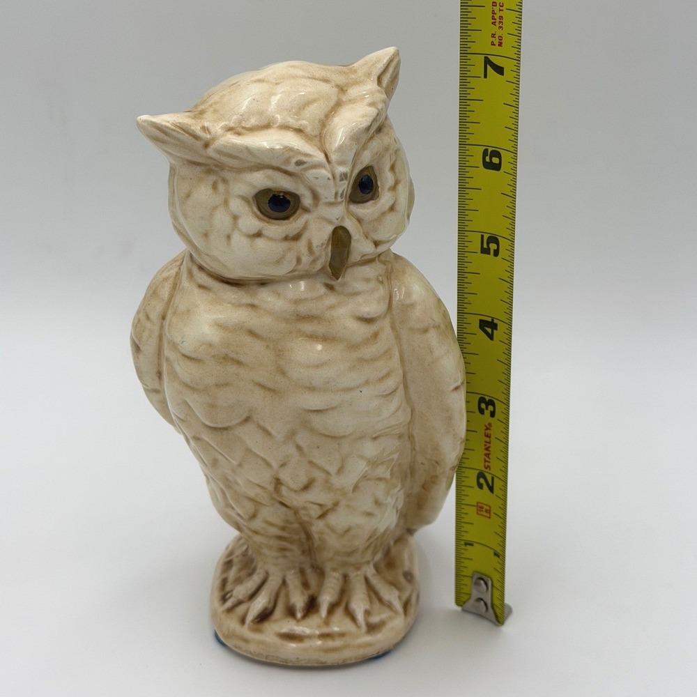 Vtg MCM Ceramic Horned Owl Figurine Cream Brown Glaze Home Decor Accent 7" Core - Picture 5 of 6